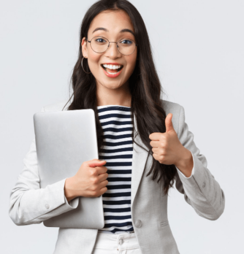 business-finance-employment-female-successful-entrepreneurs-concept-young-confident-businesswoman-glasses-showing-thumbs-up-gesture-hold-laptop-guarantee-best-service